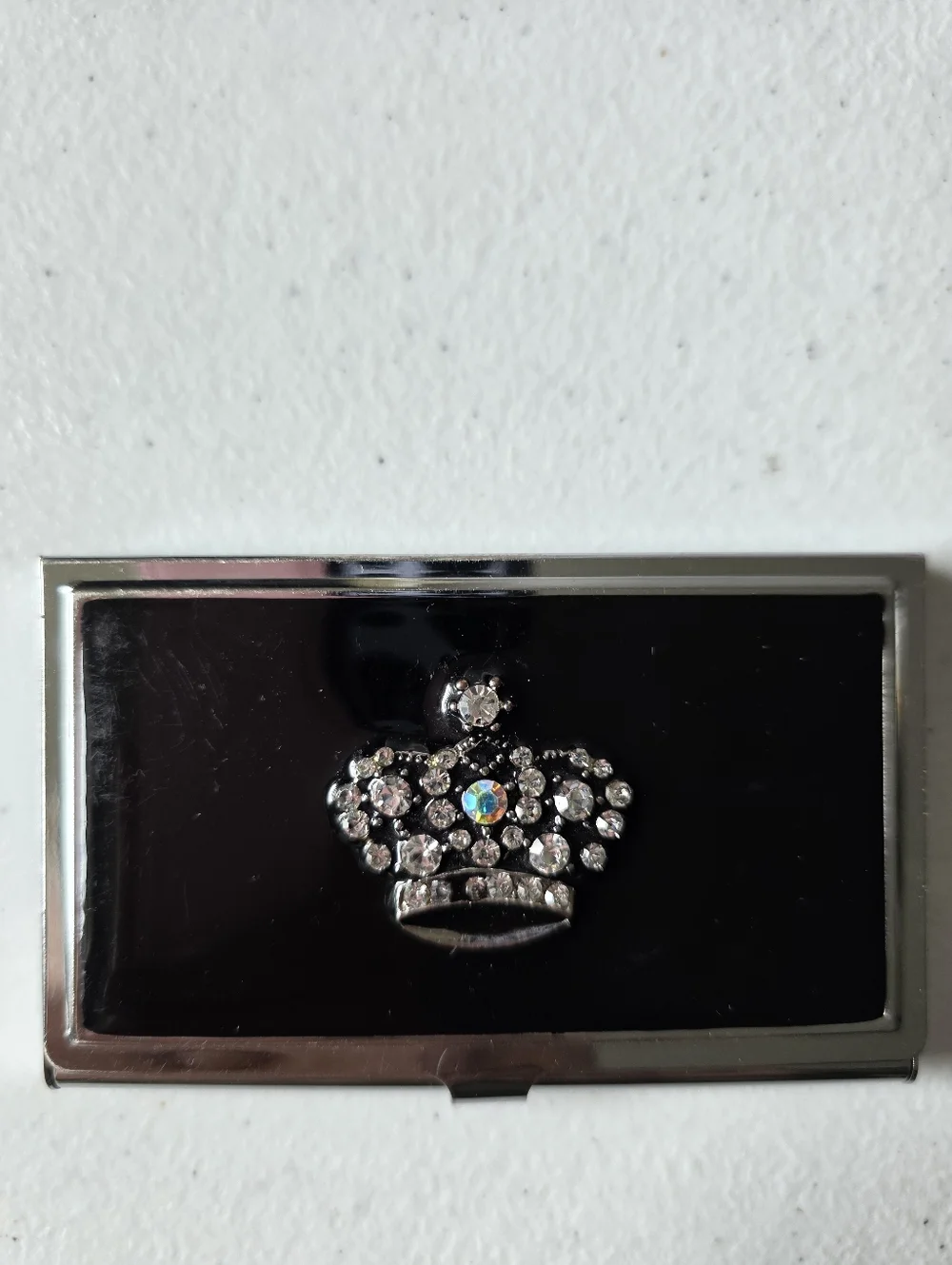 Vintage Rhinestone Embellished Business Card Holder Aurora Borealis Crown Design